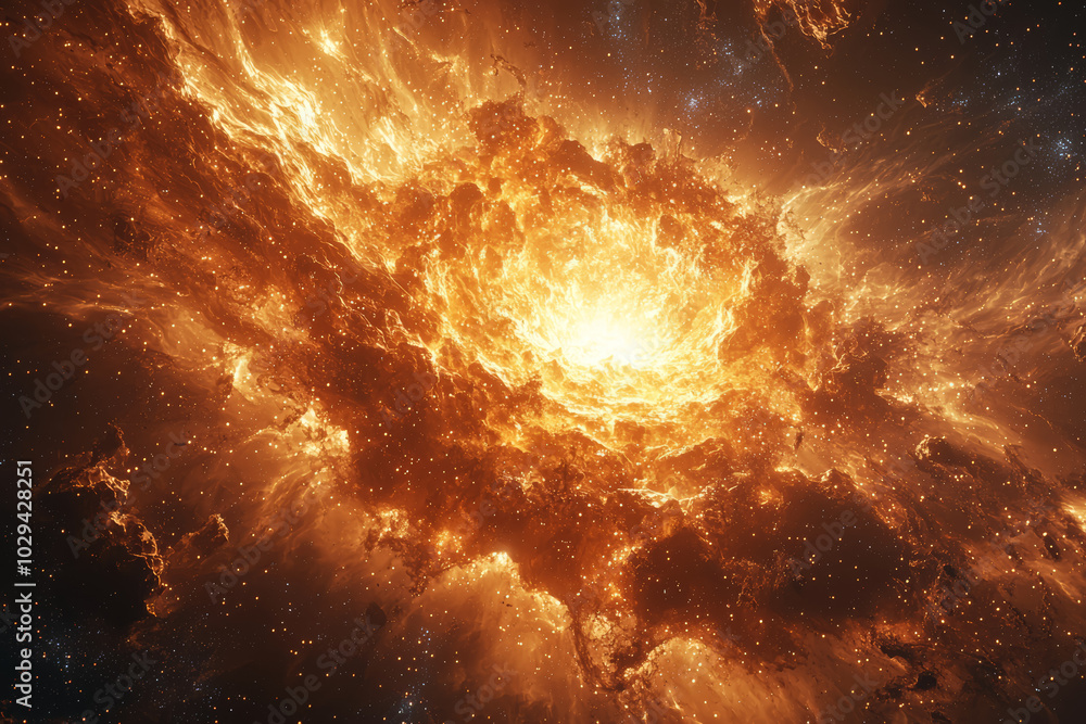 Poster a star exploding into a galaxy, representing the birth of an entire universe from one single event. 