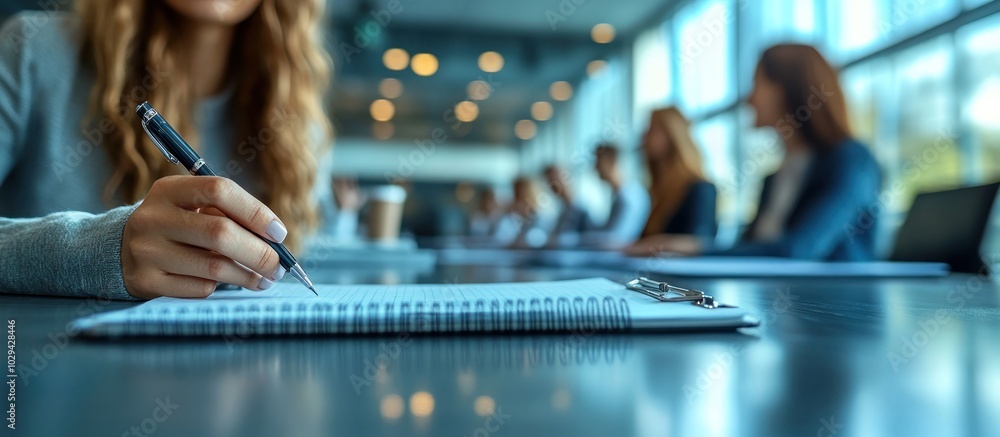 Poster a person writing in a notebook during a meeting with blurred attendees in the background.