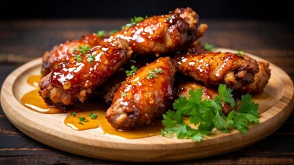 Chicken wings covered with honey-mustard glaze, a sprig of fresh parsley for garnish.
