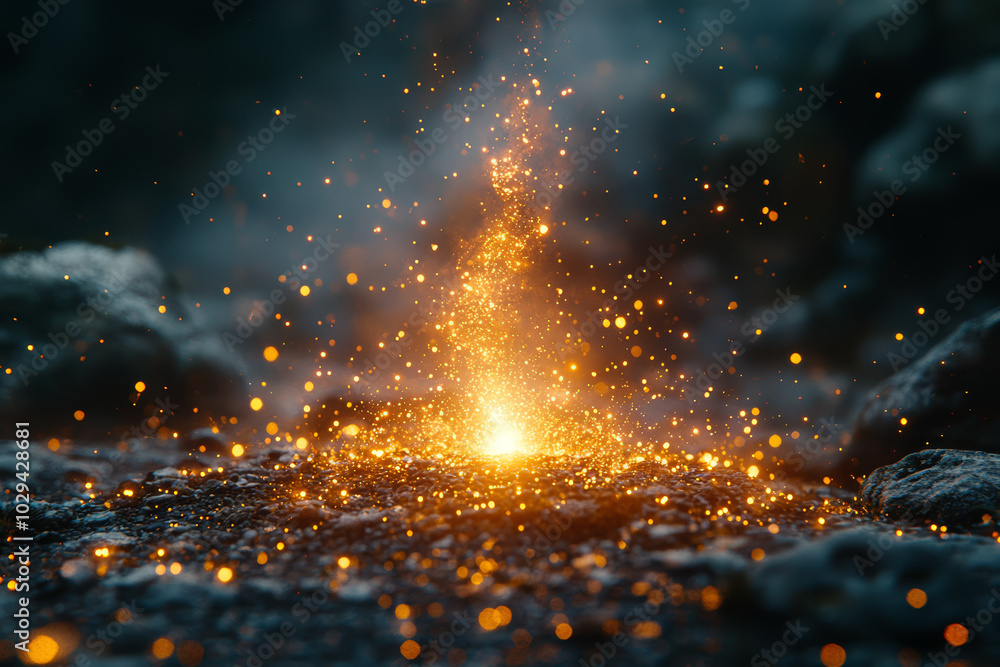 Poster a small spark igniting a massive explosion, symbolizing the creation of a new reality. concept of co