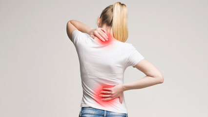Spine osteoporosis. Scoliosis. Spinal cord problems on woman's back.