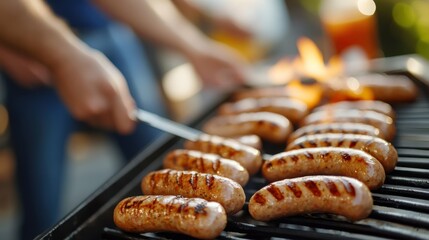A grill master expertly oversees a selection of sausages on a barbecue, evoking a sense of skill and control in the art of outdoor cooking.