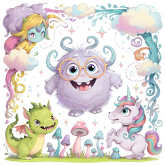 Naklejka premium cutest funny different monsters, unicorn and elfs at white background. Digital illustration. Ai generated