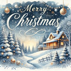 Snowy landscape with the words Merry Christmas