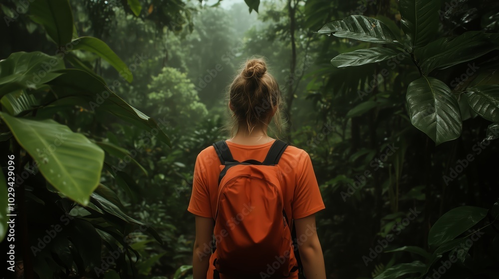 Poster A solo hiker in an orange shirt explores a lush tropical forest on a misty morning, surrounded by vibrant greenery and tall trees