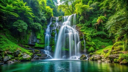 Naklejka premium Refreshing waterfall cascading down rocky cliffs in lush green forest