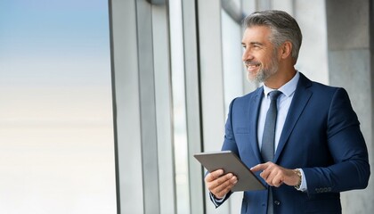 Fototapeta premium Happy elegant middle aged professional business man financial executive manager using digital tablet. Smiling confident mature businessman holding tab computer technology looking away at copy space.