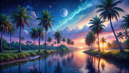 Night scene painting with river and palm trees