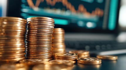 Tall stacks of gold coins stand prominently with a financial data screen in the background, illustrating market trends, economic opportunity, and wealth management strategy.