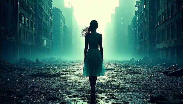 Trauriges Bild Frau mit weissem Kleid Haare im WInd Nachdenklich