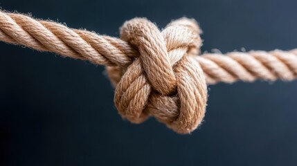 A detailed close-up view of a sturdy rope tied into a firm knot, captured against a plain background, showcases texture and the strength of the material.