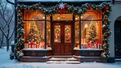 Fototapeta premium Charming winter storefront adorned with festive decorations and gifts in a snowy setting during the holiday season
