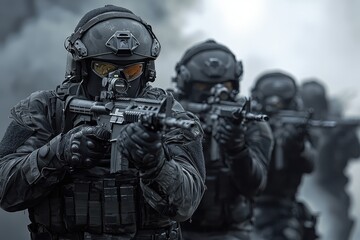 A tactical group of special forces soldiers, dressed in dark uniforms and gear, moving in formation under a black and grey color scheme, emphasizing stealth,