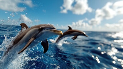 Obraz premium Two dolphins gracefully swim and interact with the open ocean's rhythmic waves, showcasing the beauty and freedom found within marine environments and wildlife.