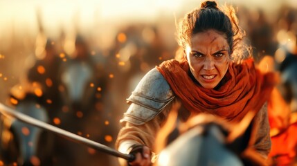 A powerful image of a female warrior charging into battle with a fierce expression, flaming embers around her, depicting bravery and determination in ancient times.