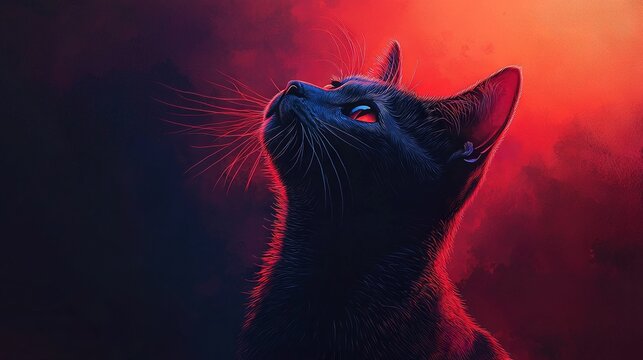  A stunning portrayal of a raven-haired feline staring upward into a fiery heavens, encircled by drifting wisps of smoky mist