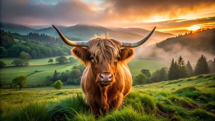 Low Light Highland Cow in a Field at Dusk - Stunning Nature Scene for Stock Photography