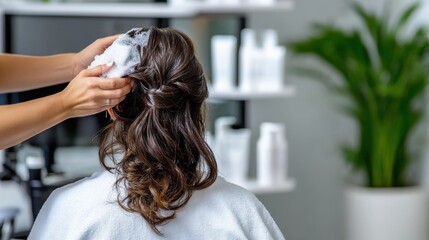A hairstylist gently applies shampoo to a woman's hair in a salon, conveying a sense of relaxation and care amidst a clean and modern environment with products visible.