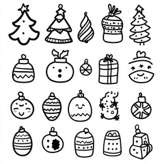 Whimsical black-and-white Christmas doodles featuring trees, ornaments, gifts, and festive symbols in a playful style.