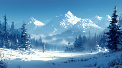 A snow-covered landscape with a clear blue sky and distant mountain peaks