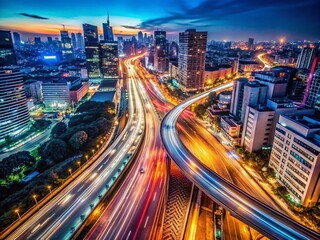 Obraz premium Low Light Motion Blur of High-Speed City Traffic at Night
