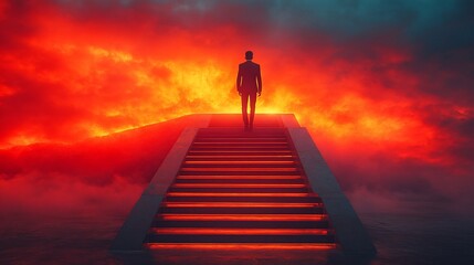 A figure stands on stairs against a fiery, dramatic backdrop, evoking mystery and tension.