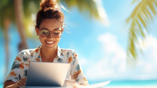 A young woman wearing glasses is working on her laptop in a sunny outdoor tropical environment, surrounded by palm trees, conveying a sense of calm and focus.