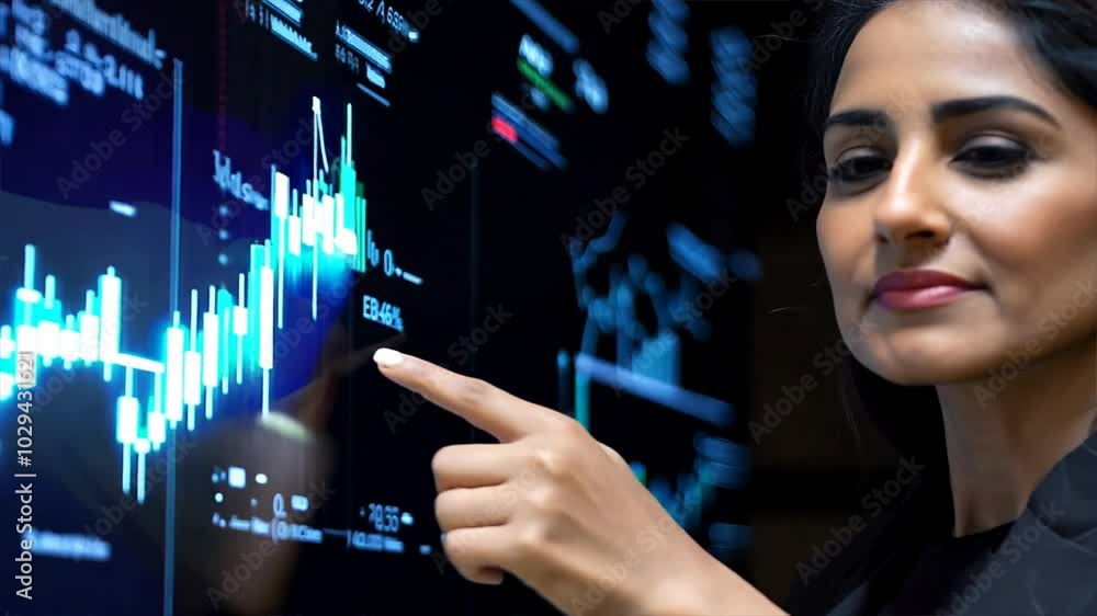 Poster data-driven decisions: confident businesswoman analyzing financial data on a large interactive scree