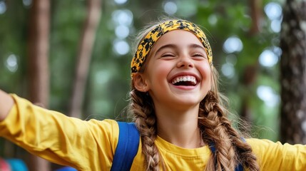 A young girl with braided hair and a patterned headband laughs with arms wide open, surrounded by the natural beauty of a forest on a pleasant day.