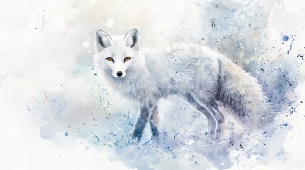 Artistic depiction of a white arctic fox standing in a snowy, watercolor-style landscape with soft blue and white tones. Ideal for backgrounds or wallpaper. AI generative.