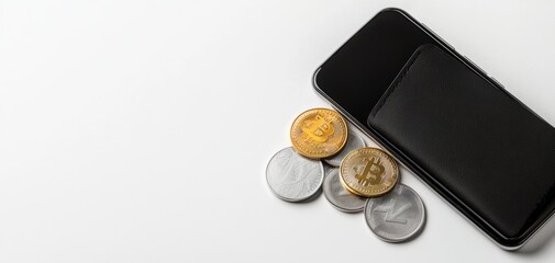 A digital wallet with coins, online transaction, clean design, isolated on white background