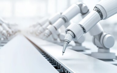 A factory assembly line, modern automation, robotic arms working on production, 3D illustration, metallic colors, isolated on white background