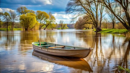 Obraz premium River bank with a boat during spring flood
