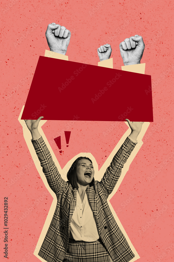 Wall mural Vertical composite artwork collage image picture of girl hold poster people fists isolated on creative background