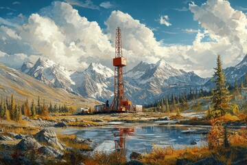 A Canadian gas well set in a rugged, remote landscape with clear blue skies, highlighting energy production in natural, open surroundings..