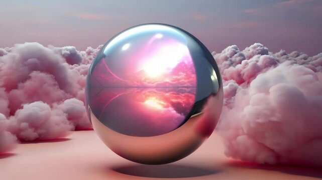 A reflective metallic sphere moves through soft pink clouds, capturing a serene and dreamlike sky. the surreal landscape conveys a sense of wonder and tranquility.