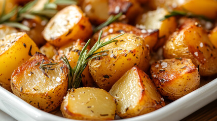 Close-up of roasted potatoes with rosemary and seasoning.