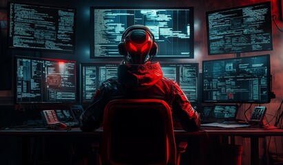 Obraz premium AI generator image of hacker,programmer,Fraud or scam background. Abstract hacker behind the monitor hologram with programmer code. Cybercriminal icons on a background. Cyber attack, computer hack