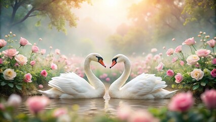 Romantic scenery of swan lovers in a rose garden