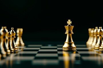 Chessboard with a gold king in the center, golden pawns lined up, luxurious and strategic atmosphere, high contrast lighting