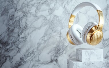 Fototapeta premium Greek marble statue with luxurious gold headphones, modern music meets classical art, fusion of old-world elegance and contemporary design