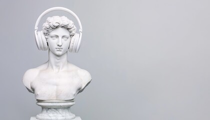 Greek statue in marble with large modern headphones, juxtaposition of classical art and modern tech, timeless beauty meets contemporary culture