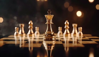 Majestic golden king on a chessboard, surrounded by pawns, symbolizing leadership and dominance, dramatic light and reflections