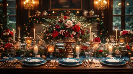 Candle-lit holiday dinner with festive decorations, creating a warm and elegant atmosphere for a special celebration