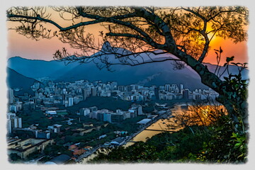 Rio de Janeiro, Brazil: sunset panoramic view of Guanabara Bay with Corcovado mountain and the...