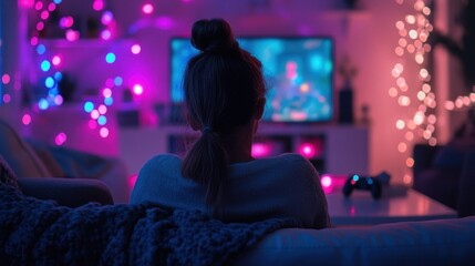 Naklejka premium The individual relaxes on a couch, fully engaged in a video game while surrounded by vibrant lights, creating a serene and inviting atmosphere in the room