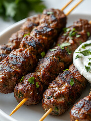 Grilled kebabs with herbs and yogurt sauce on a plate