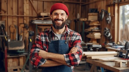 A cheerful carpenter poses confidently, arms crossed, in a cozy workshop filled with wooden materials and various tools, showcasing his passion for woodworking and craftsmanship