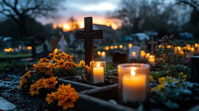 People lighting candles on graves during All Saints Day, a Catholic holiday observed in November to honor the deceased