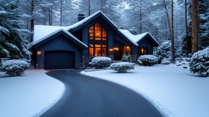 A charming cabin sits surrounded by a blanket of fresh snow, with inviting golden lights glowing from its windows as twilight descends over the tranquil forest
